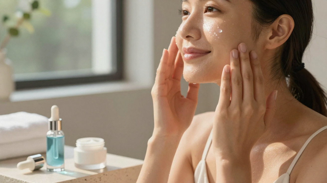 Mulher aplica creme hidratante no rosto num ambiente luminoso e tranquilo, com produtos de beleza ao fundo.