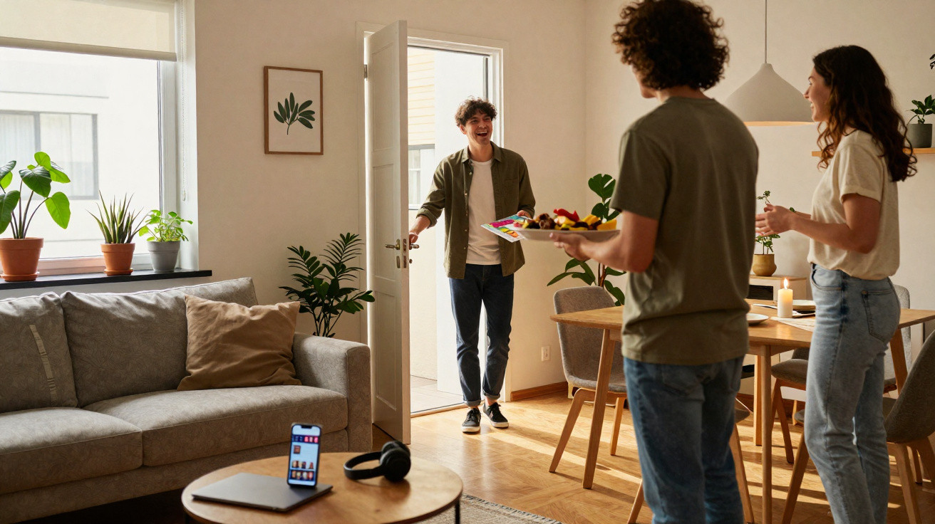 Dois amigos recebem outro que chega à sala de estar acolhedora com sofás e plantas.