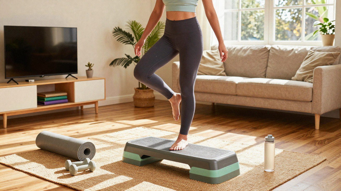 Mulher a fazer exercício de step dentro de casa, com colchonete, halteres e garrafa ao lado.