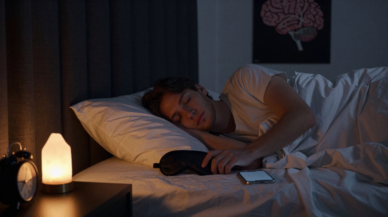 Homem a dormir na cama de lado com uma máscara de dormir e telemóvel ao lado numa noite escura.