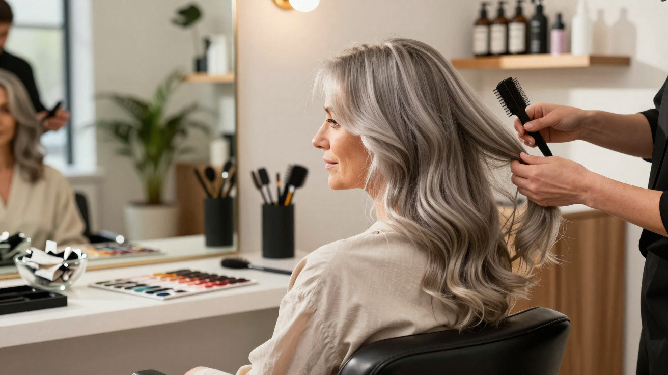 Mulher loira com cabelo ondulado a ser penteada num salão de beleza moderno e iluminado.