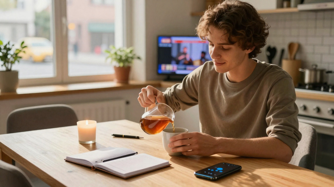 Jovem a servir chá numa chávena sentado à mesa com caderno, vela e telefone numa cozinha moderna.