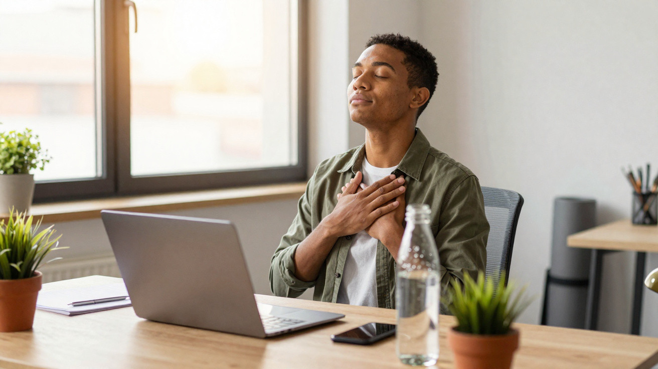 Homem sentado a meditar com as mãos no peito numa mesa com computador portátil, plantas e garrafa de água.
