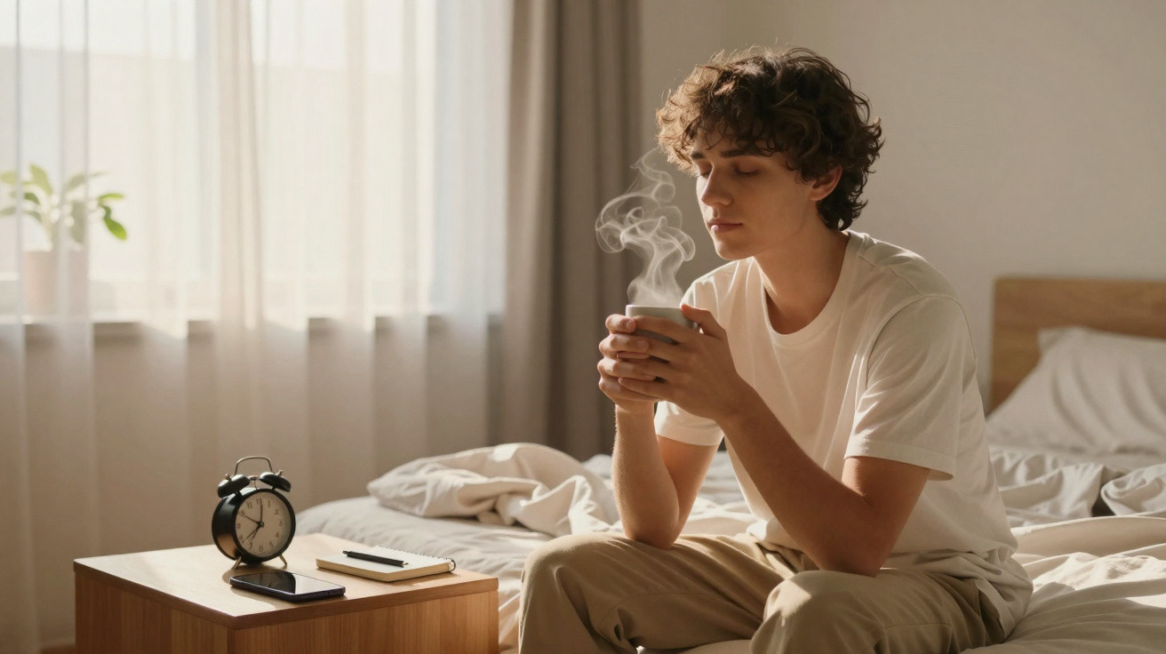 Jovem sentado na cama a segurar uma chávena quente com olhos fechados numa manhã luminosa.