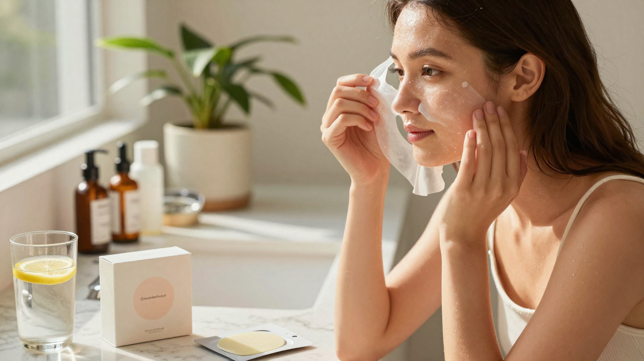 Mulher a aplicar máscara facial de papel num ambiente iluminado e tranquilo de casa.