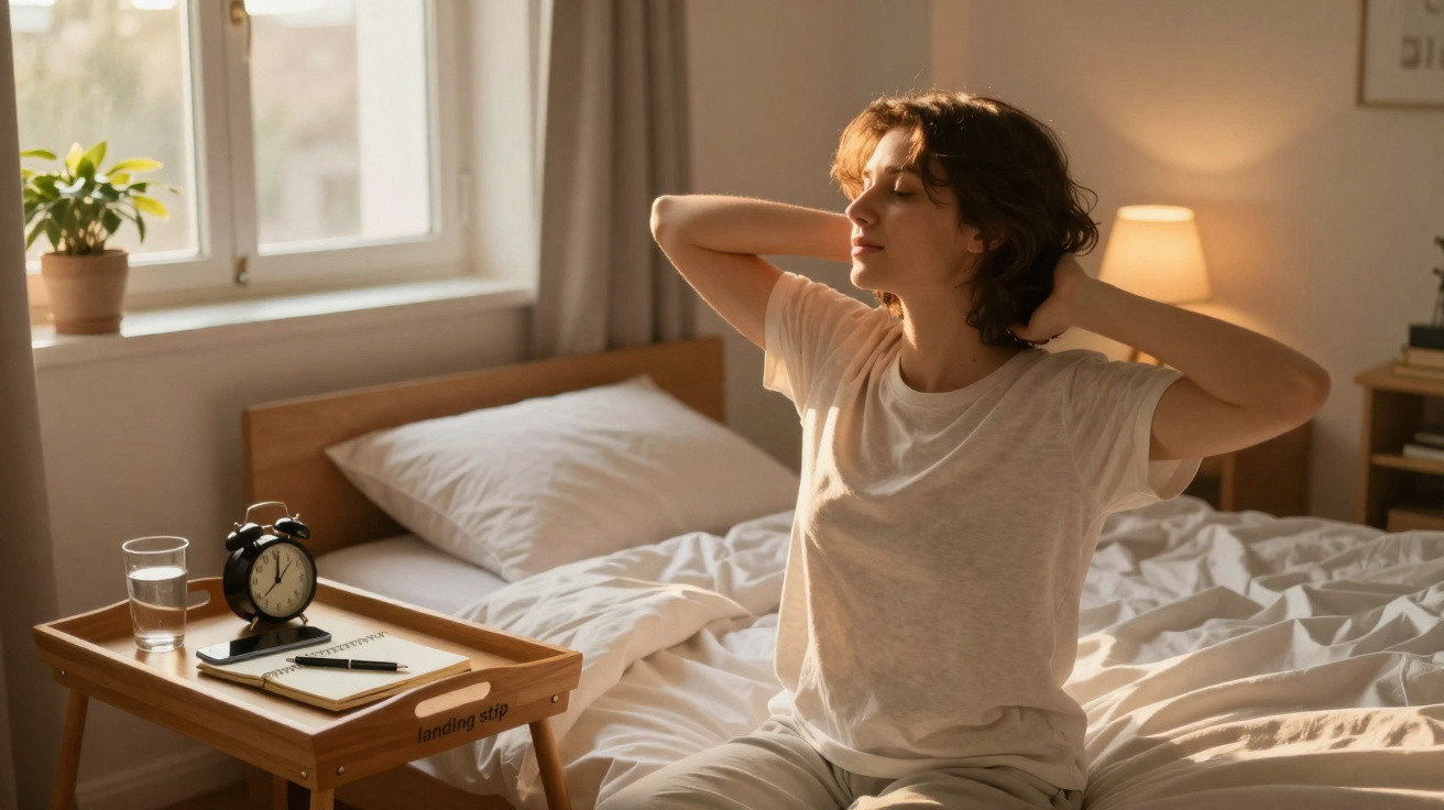 Mulher a espreguiçar-se sentada na cama de um quarto iluminado pela luz natural da manhã.