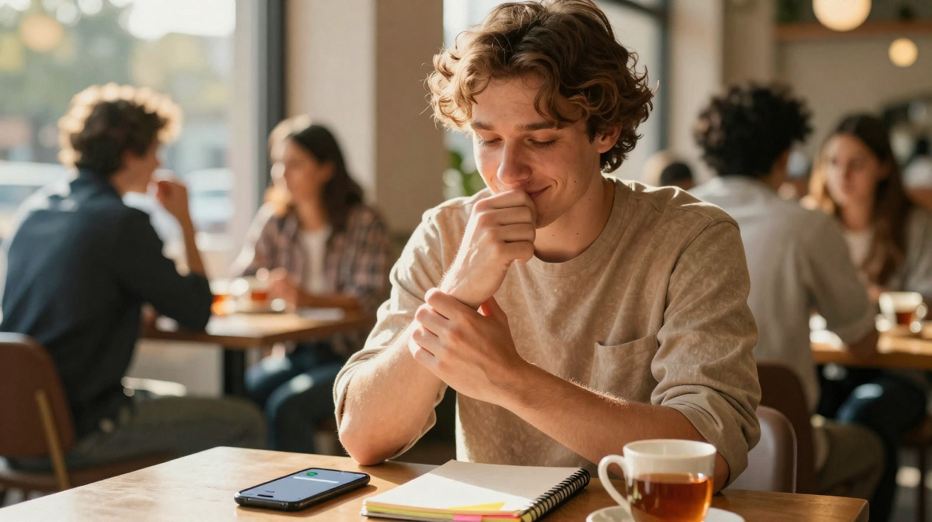Jovem sorridente sentado numa mesa de café com caderno, chá e telemóvel, com outras pessoas ao fundo.