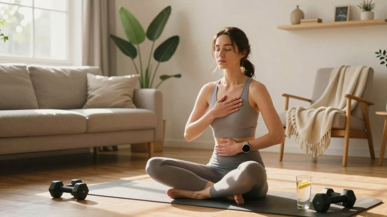 Mulher sentada em yoga, a meditar, com uma mão no peito e outra na barriga, numa sala iluminada.
