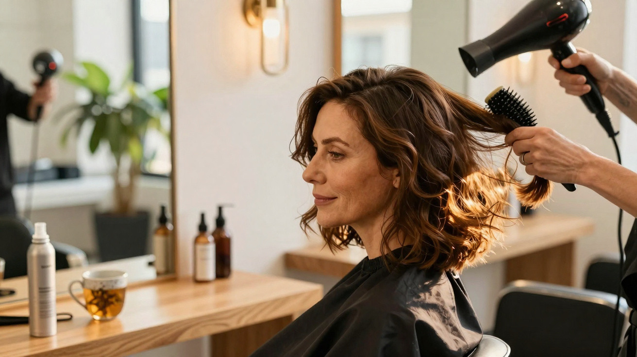Mulher sentada num salão de cabeleireiro a secar o cabelo com um secador e escova.