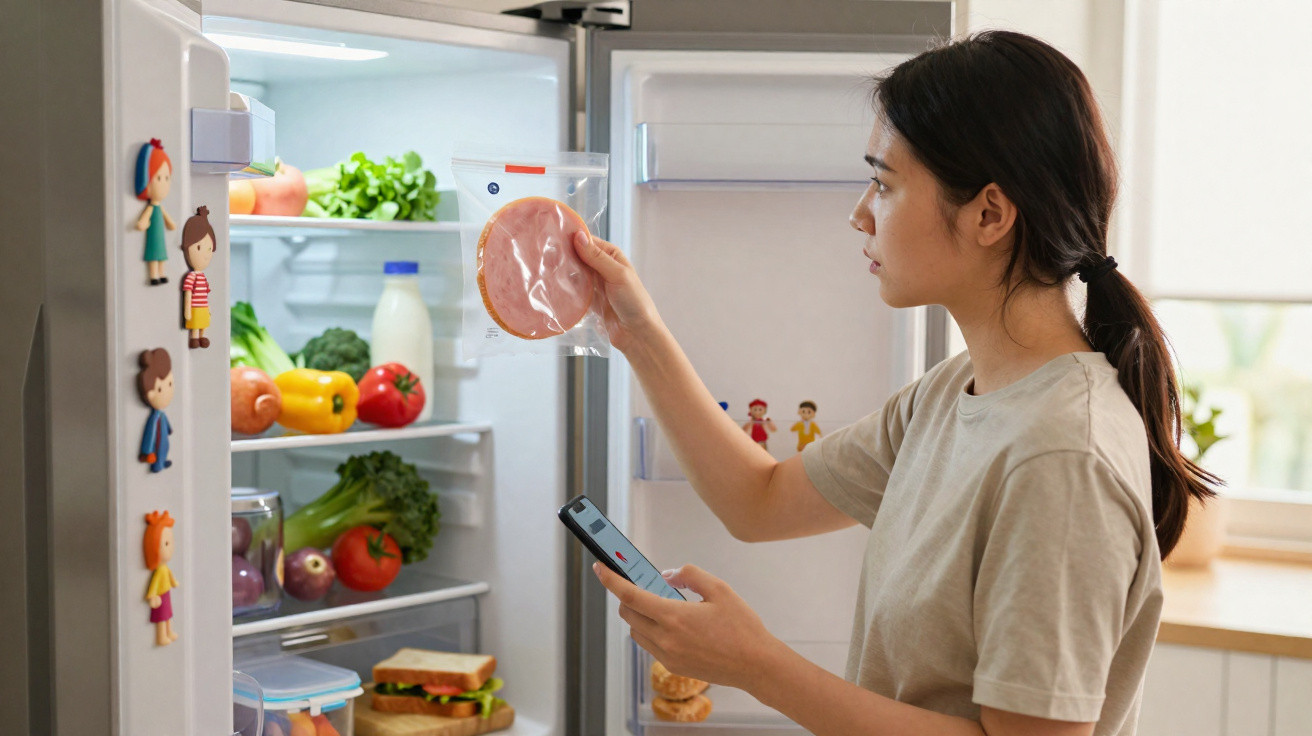 Mulher a segurar encomenda de fiambre e telemóvel em frente ao frigorífico aberto cheio de legumes e frutas.