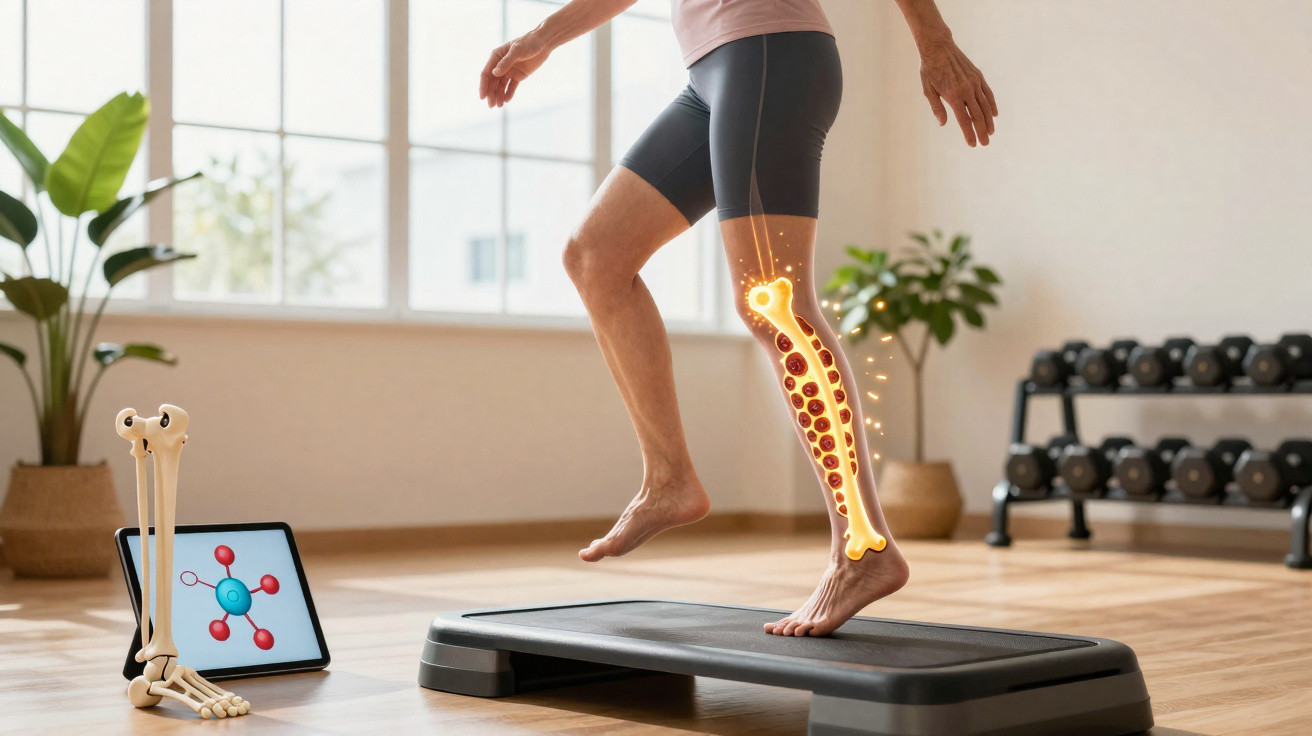 Pessoa a fazer exercício num step com animação do osso da perna e células sanguíneas destacadas.