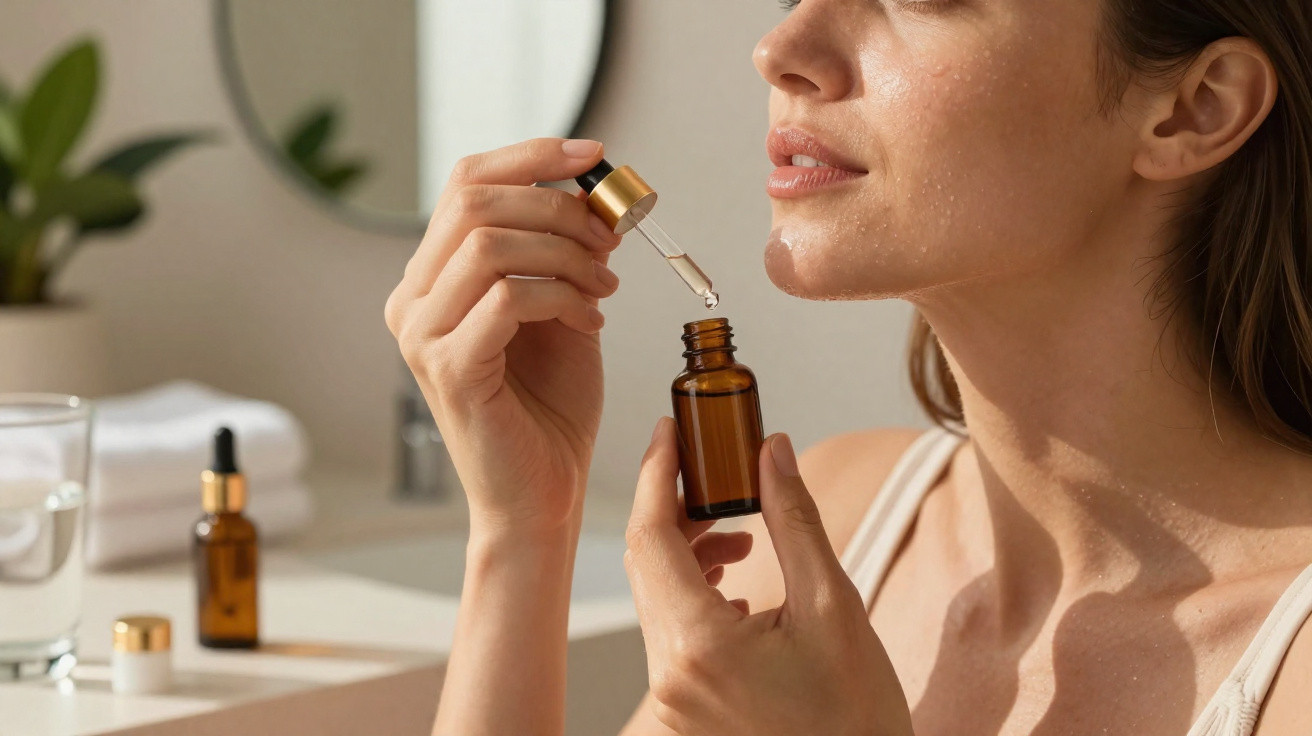 Mulher a aplicar sérum facial com conta-gotas num ambiente luminoso e acolhedor.