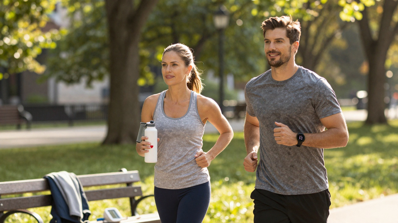 Casal a correr no parque em dia ensolarado, mulher segura garrafa de água e homem usa relógio desportivo.