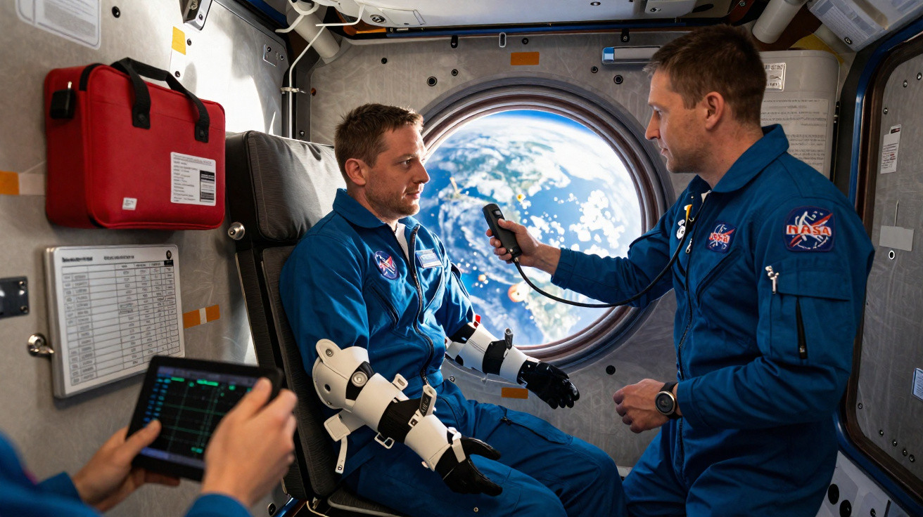 Dois astronautas da NASA, um a medir sinais vitais do outro dentro da nave espacial com vista da Terra no fundo.