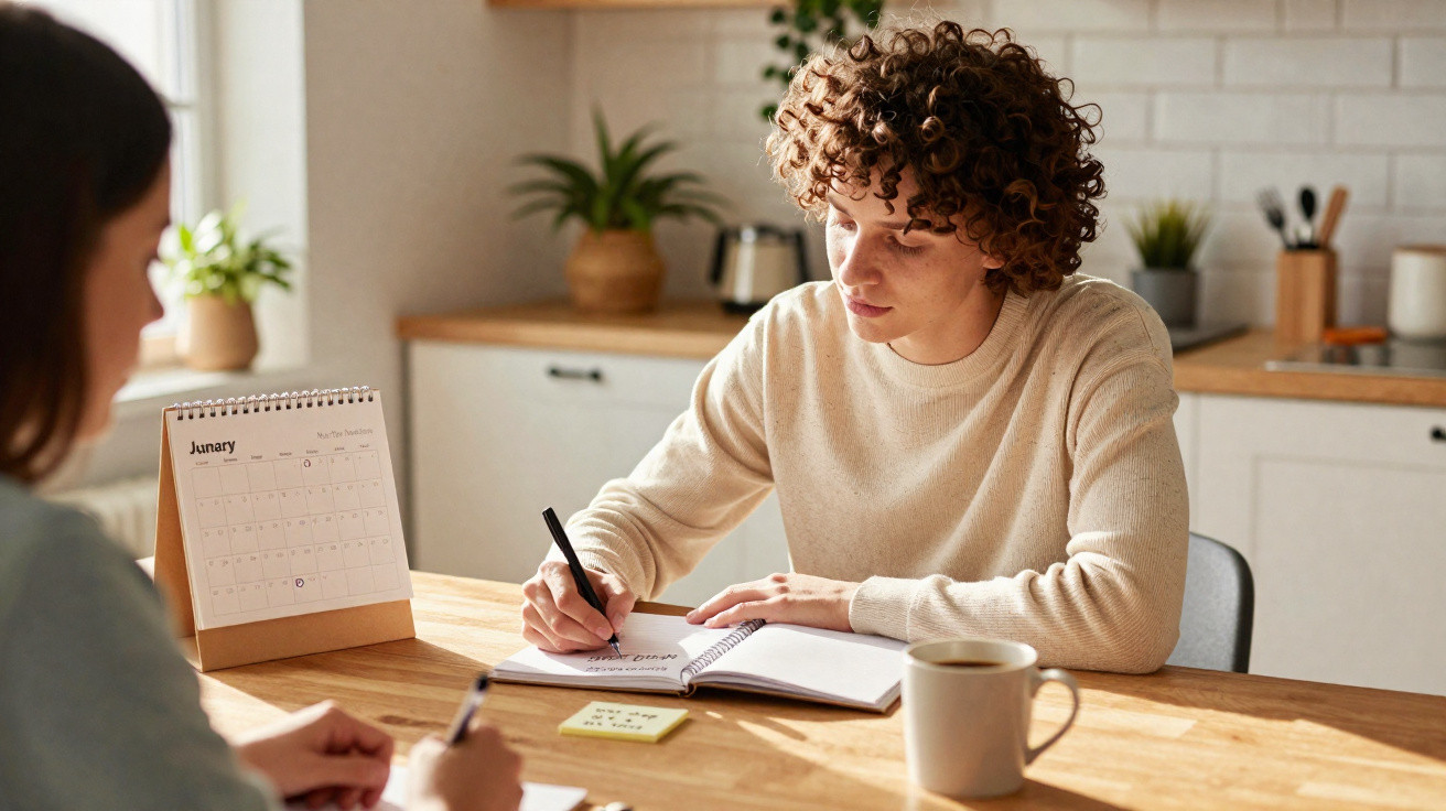 Duas pessoas sentadas à mesa, uma escreve num caderno, com calendário e chávena à sua frente.