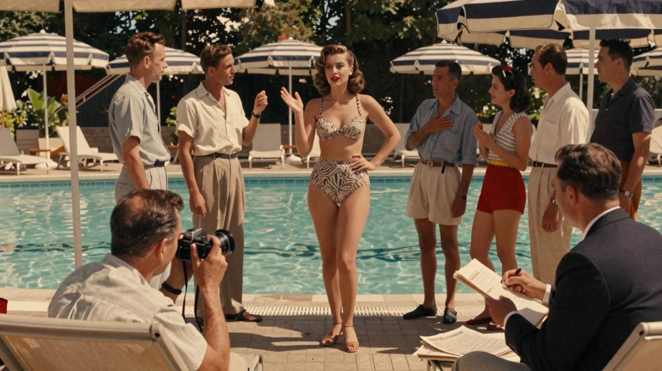 Mulher em fato de banho vintage posa junto à piscina enquanto homens tiram fotografias e anotam observações.