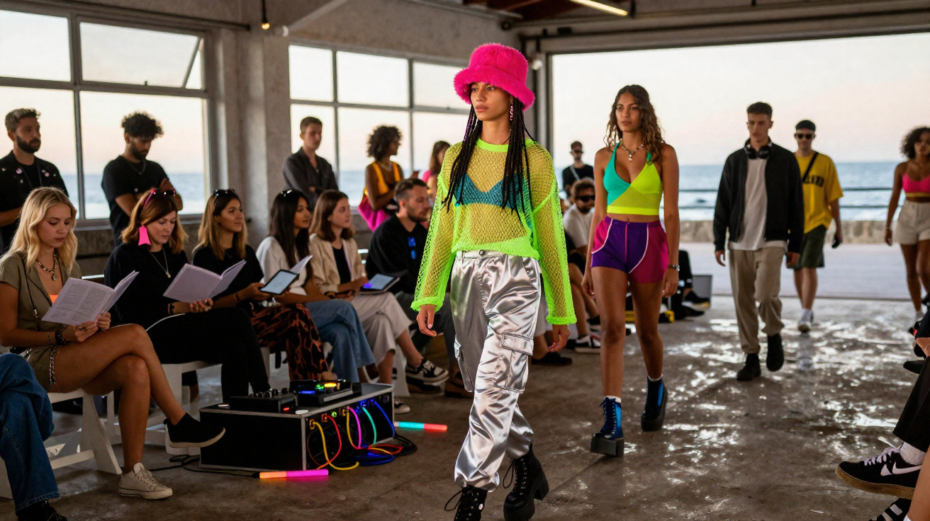 Modelos a desfilar com roupa colorida e vibrante num espaço com vista para o mar.