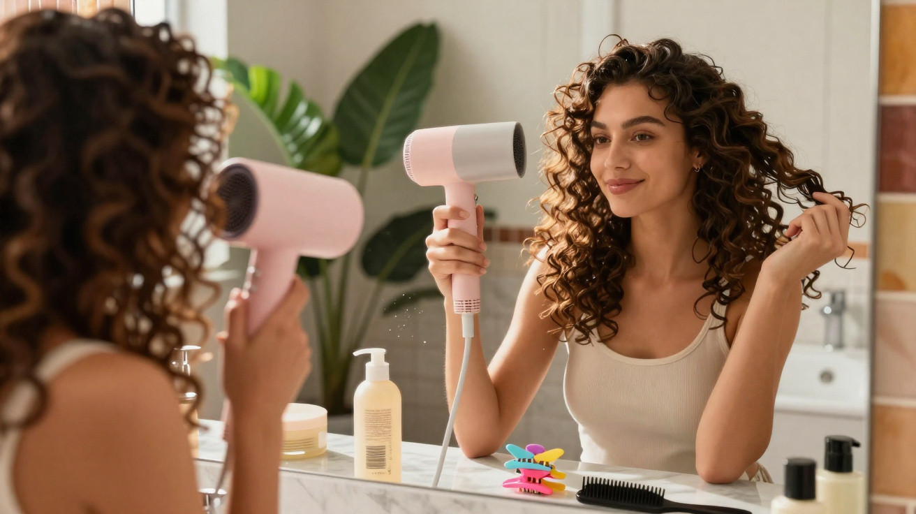 Mulher com cabelo encaracolado a secar o cabelo com secador à frente do espelho numa casa de banho.