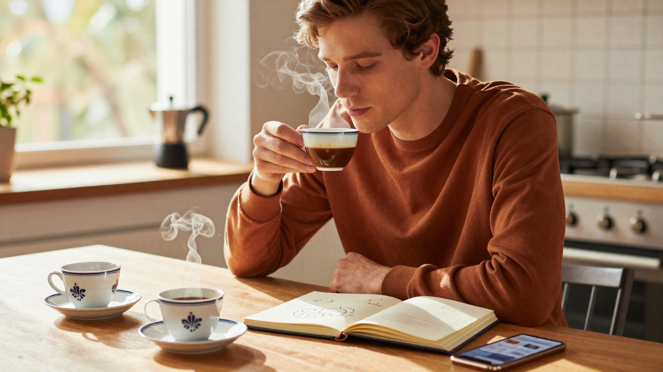 Jovem sentado à mesa, a beber café quente e a ler um livro aberto numa cozinha luminosa.