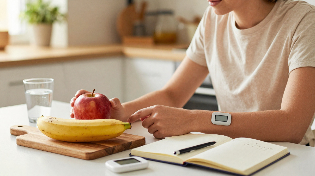 Pessoa a controlar a glicose com punção, frutas e diário na cozinha para monitorizar a diabetes.