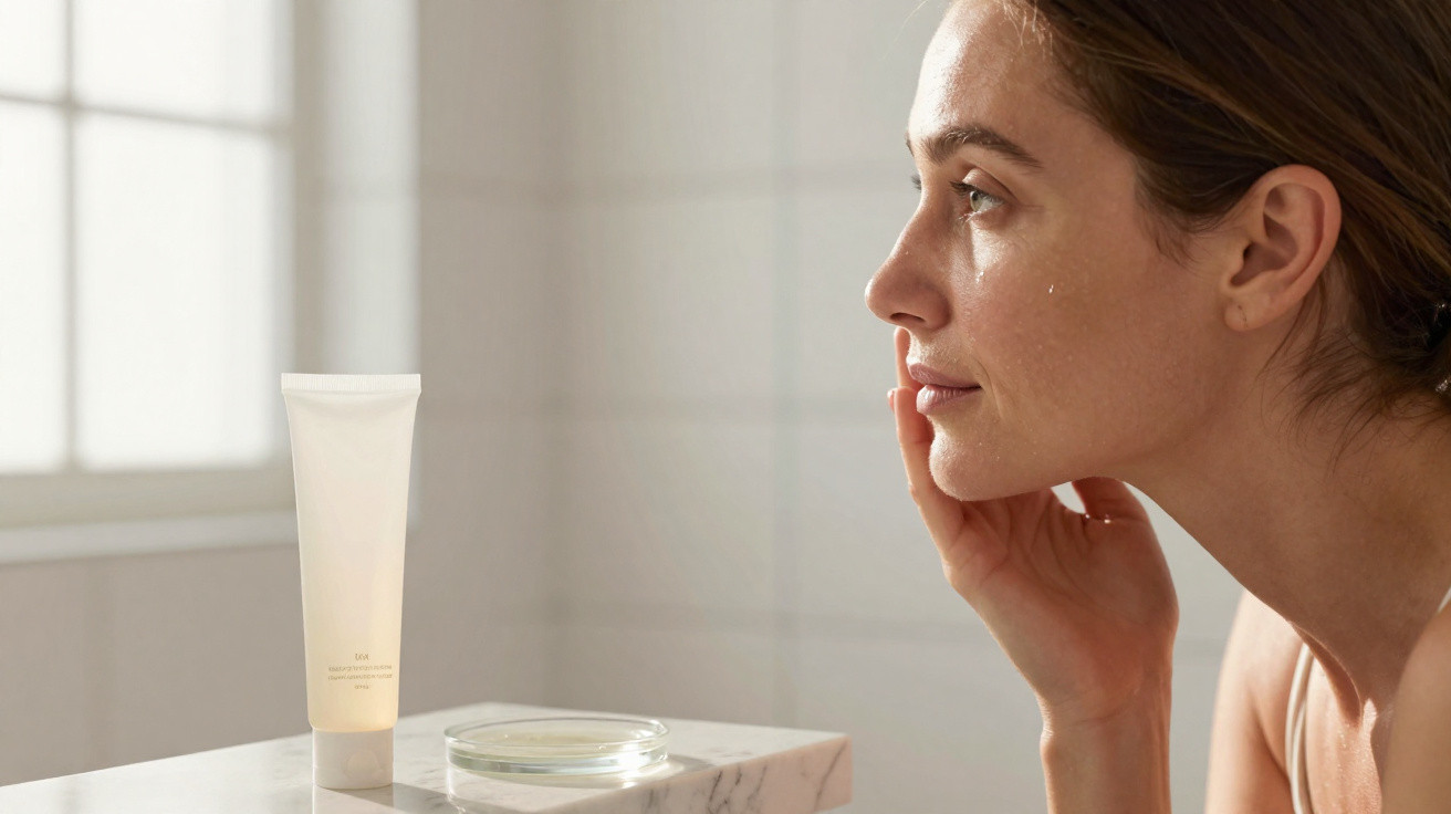 Mulher a aplicar creme no rosto num ambiente luminoso com produtos de cuidados de pele sobre bancada.
