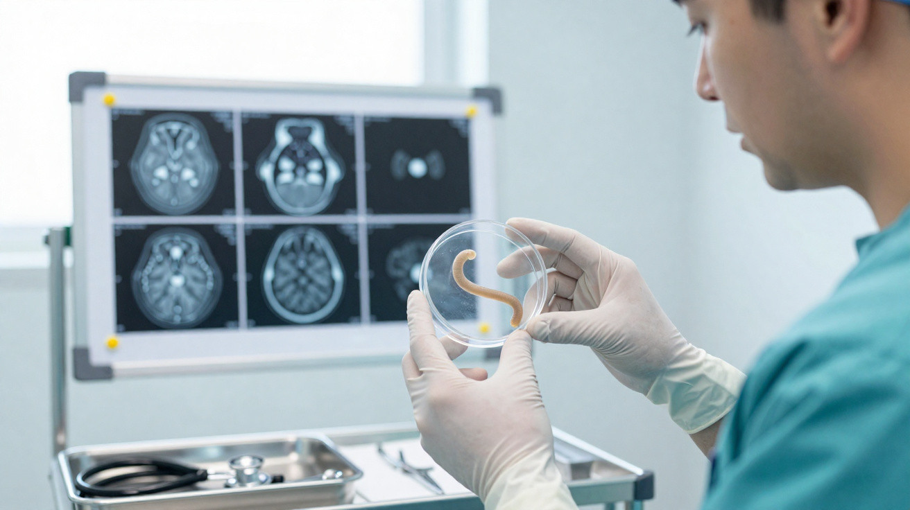 Cientista com luvas a analisar verme em placa de Petri, com imagens de ressonâncias cerebrais ao fundo.