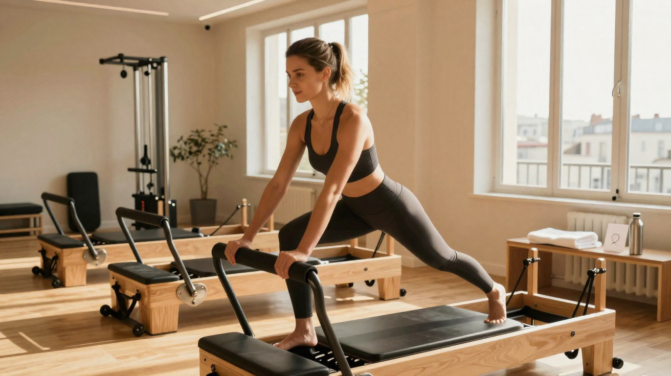 Mulher a fazer exercício de alongamento num equipamento de pilates numa sala com luz natural.