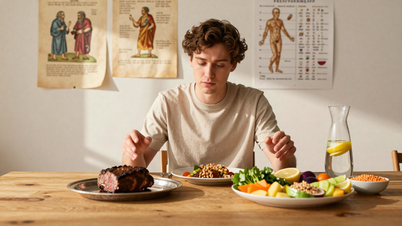 Jovem sentado à mesa escolhe entre prato de carne e opções saudáveis de vegetais e frutas frescas.