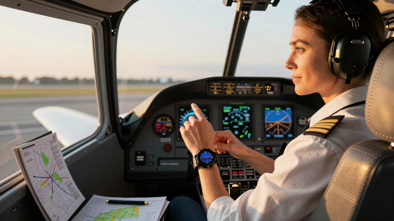 Piloto feminina com fone de ouvido verifica relógio no cockpit de avião durante o pôr do sol.