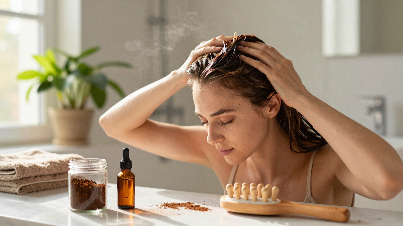 Mulher a aplicar óleo capilar num ambiente de casa de banho, com produtos naturais e utensílios de massagem.