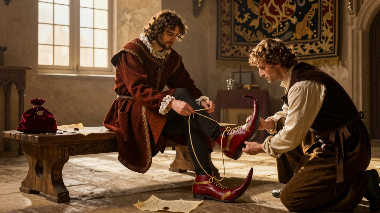 Homem vestido com roupa medieval a ser calçado com botas vermelhas por outro homem ajoelhado.