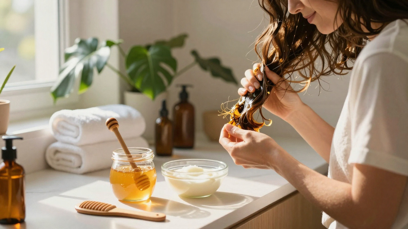Mulher a aplicar máscara de cabelo com mel, em ambiente luminoso com toalhas e frascos de vidro.