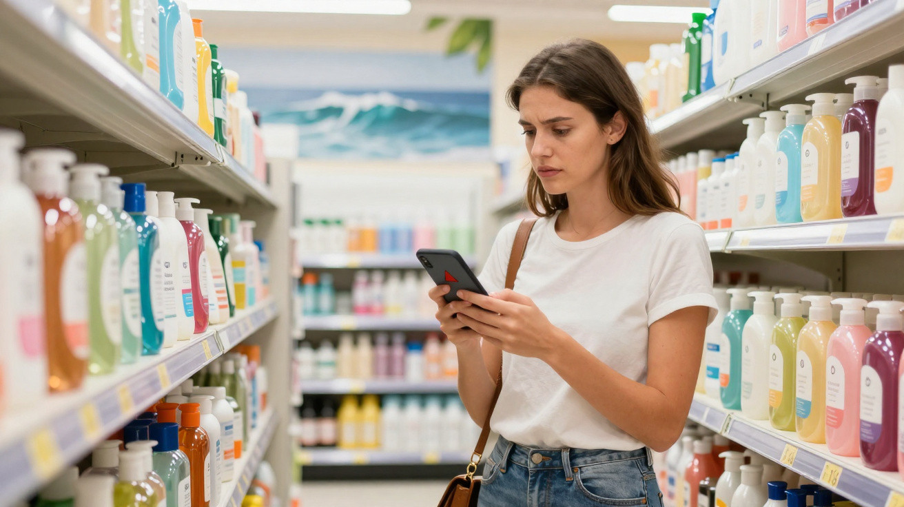Mulher com camiseta branca consulta telemóvel numa prateleira de produtos de higiene num supermercado.