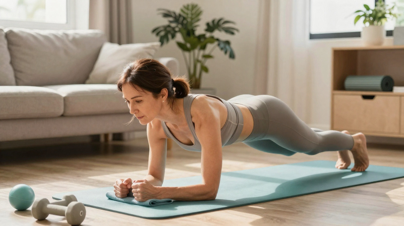 Mulher a fazer prancha num tapete de exercício em casa, com halteres e bola ao lado.