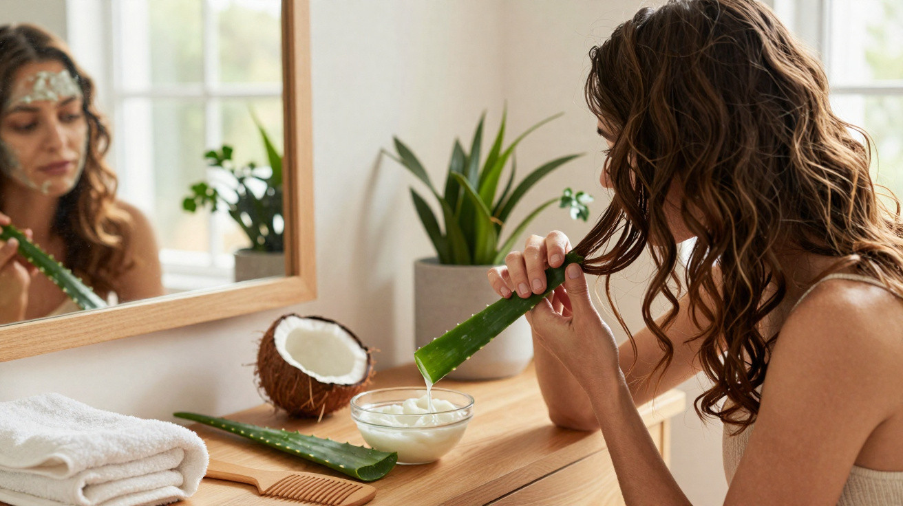 Mulher com máscara facial prepara-se para aplicar gel de aloe vera em casa, com coco e toalhas na mesa.