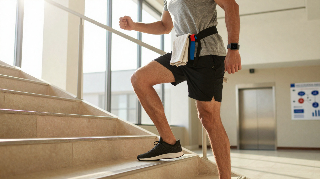 Homem com roupa desportiva sobe escadas num edifício com janela grande e elevador ao fundo.