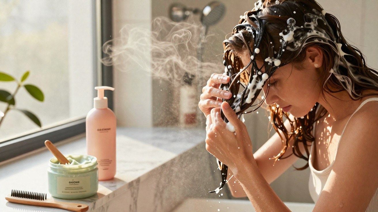 Mulher a lavar o cabelo com espuma num ambiente luminoso de casa de banho com produtos ao lado.