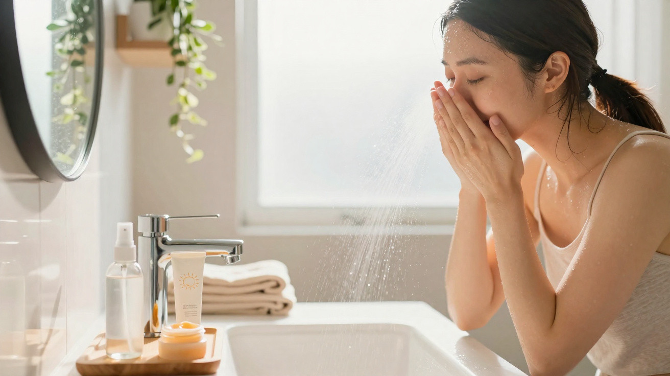 Mulher a lavar o rosto com água num lavatório branco em casa, com luz natural a entrar pela janela.