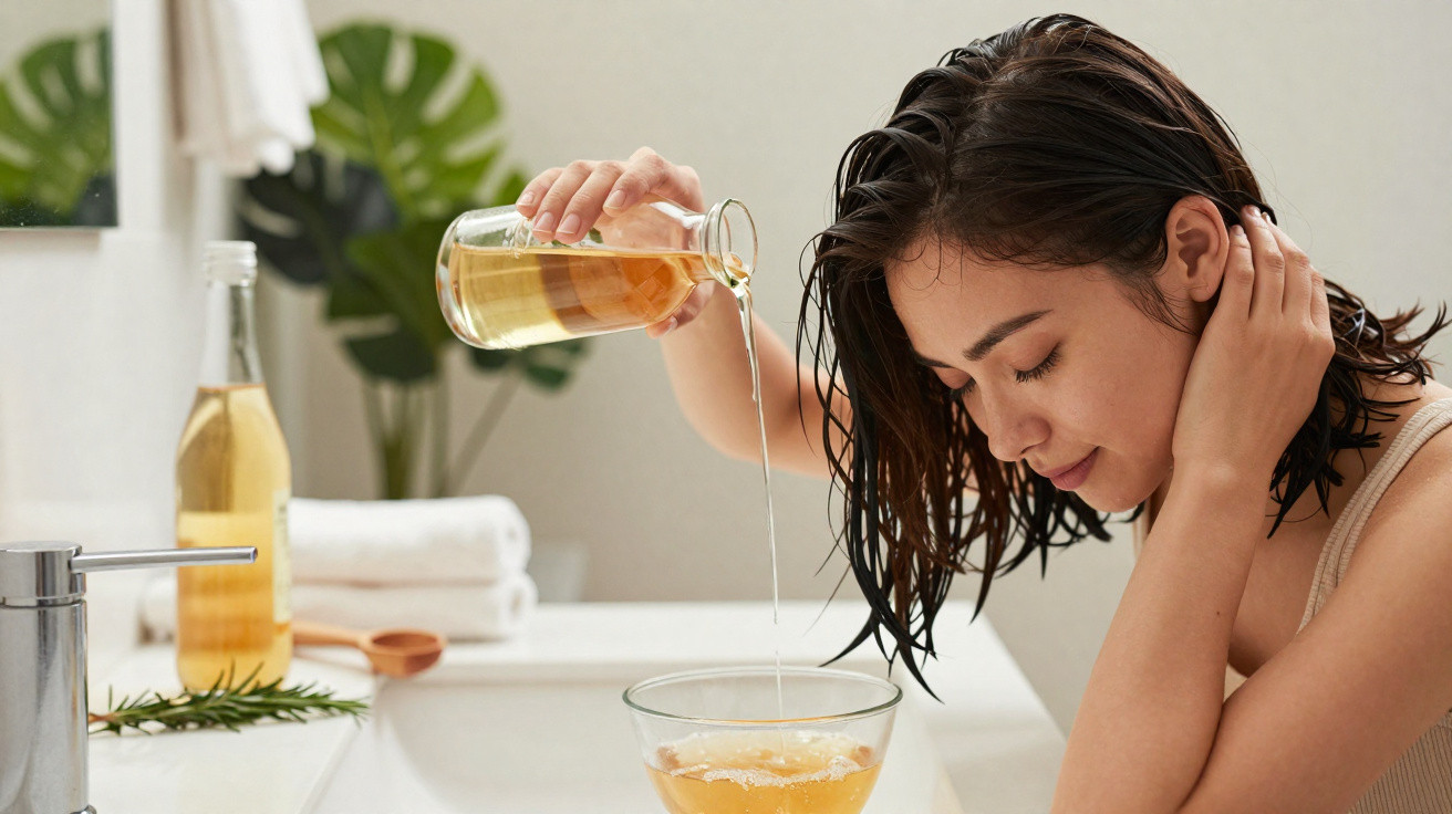 Mulher a derramar óleo de um frasco para uma taça no lavabo de casa de banho.