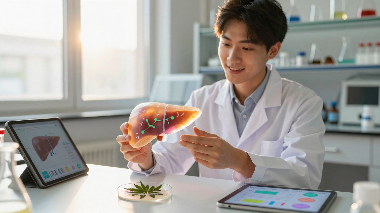 Cientista a analisar modelo anatómico do fígado num laboratório rodeado de tablets e amostras botânicas.