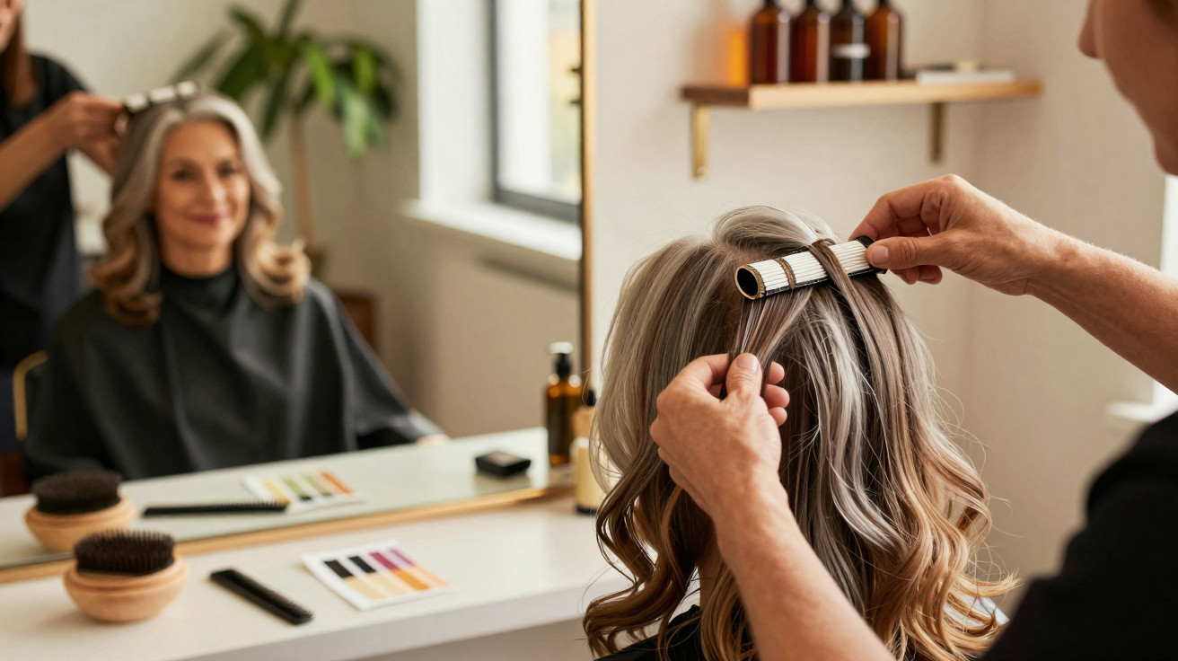 Mulher com cabelo grisalho a receber tratamento capilar e penteado num salão de beleza.