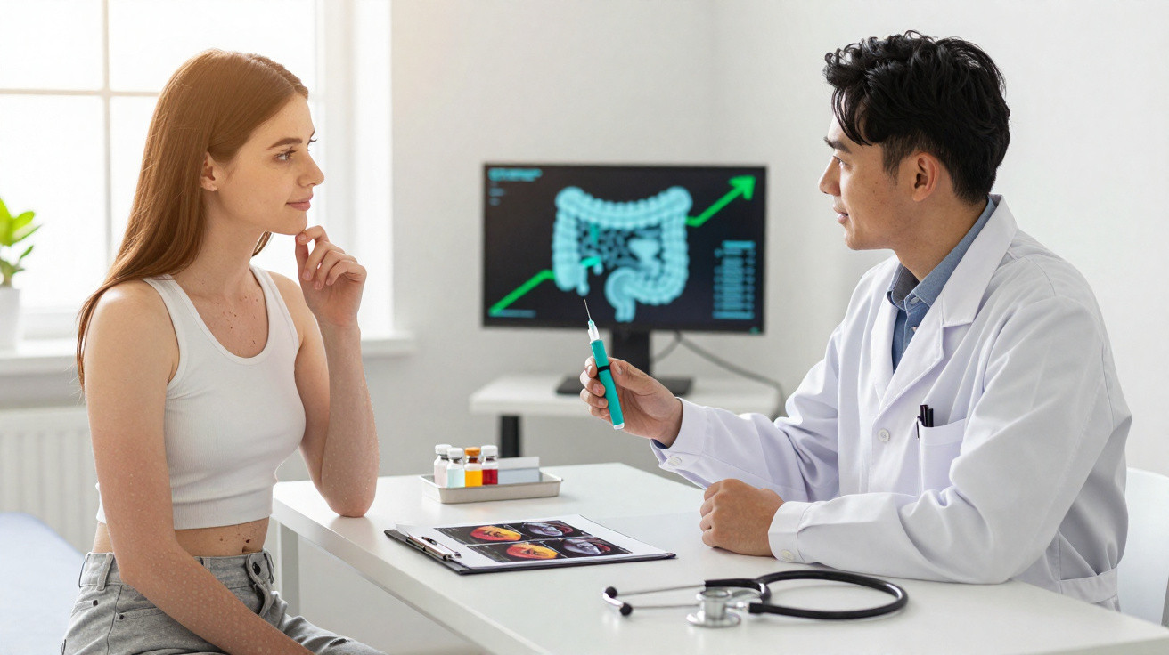 Médico explica exame de intestino a paciente jovem numa consulta num consultório iluminado.