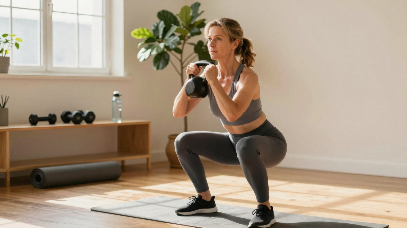 Mulher a fazer agachamento com kettlebell num tapete de exercício numa sala iluminada.