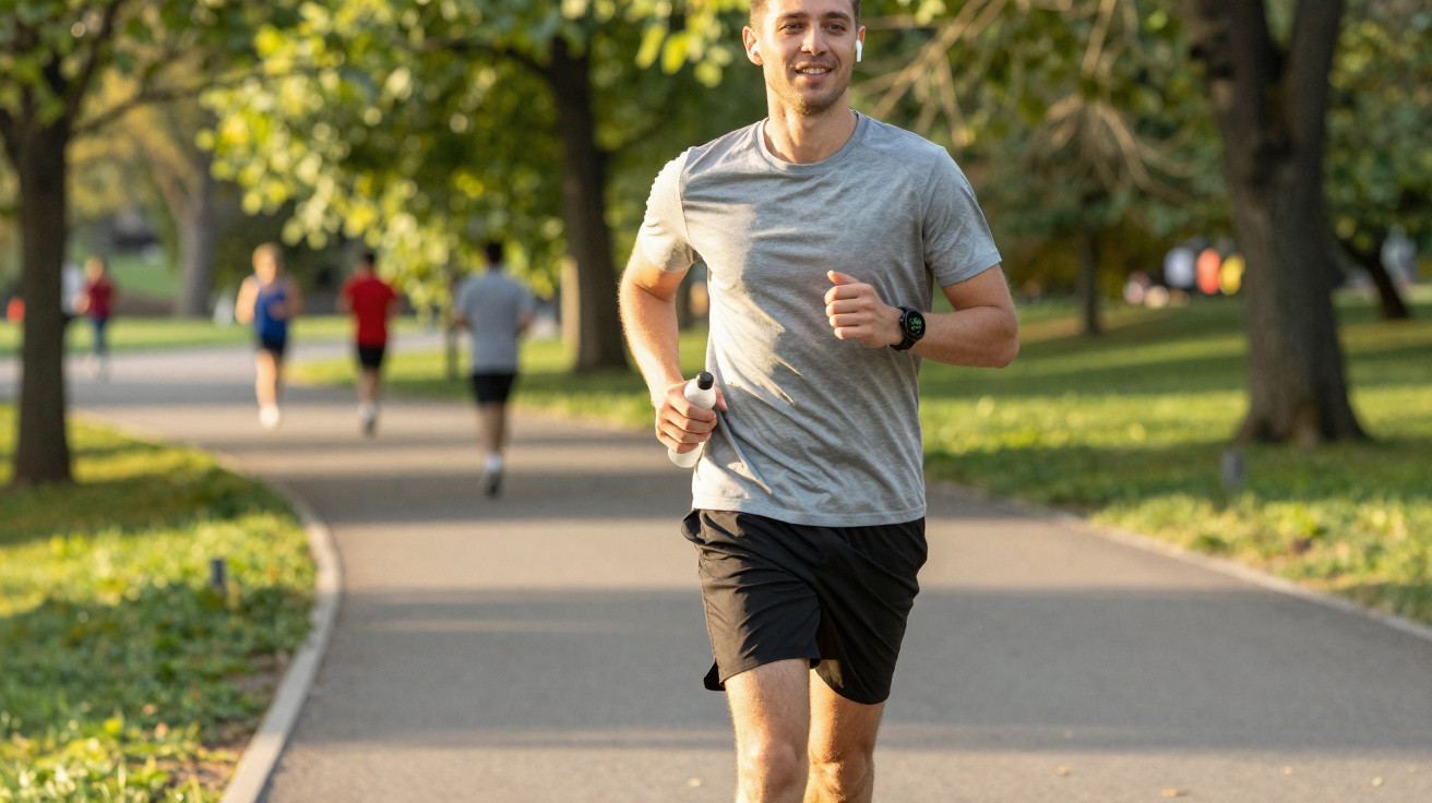 Homem a correr num parque com várias pessoas exercitando-se ao fundo num dia ensolarado.