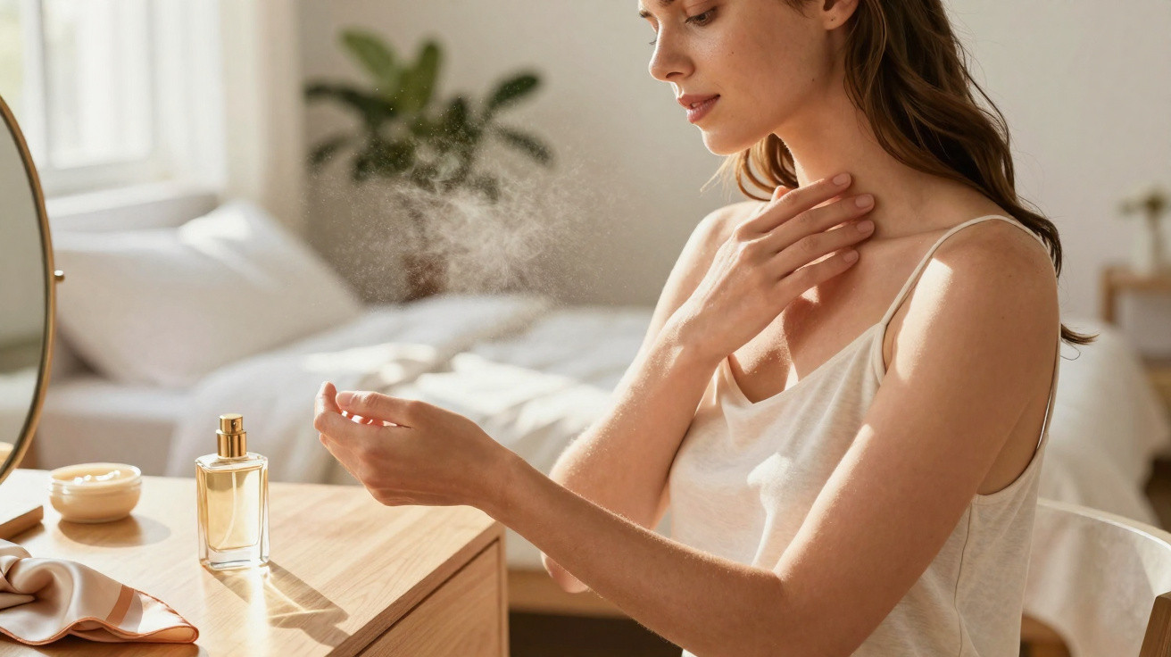 Mulher a aplicar perfume no pulso num quarto iluminado e com decoração simples.