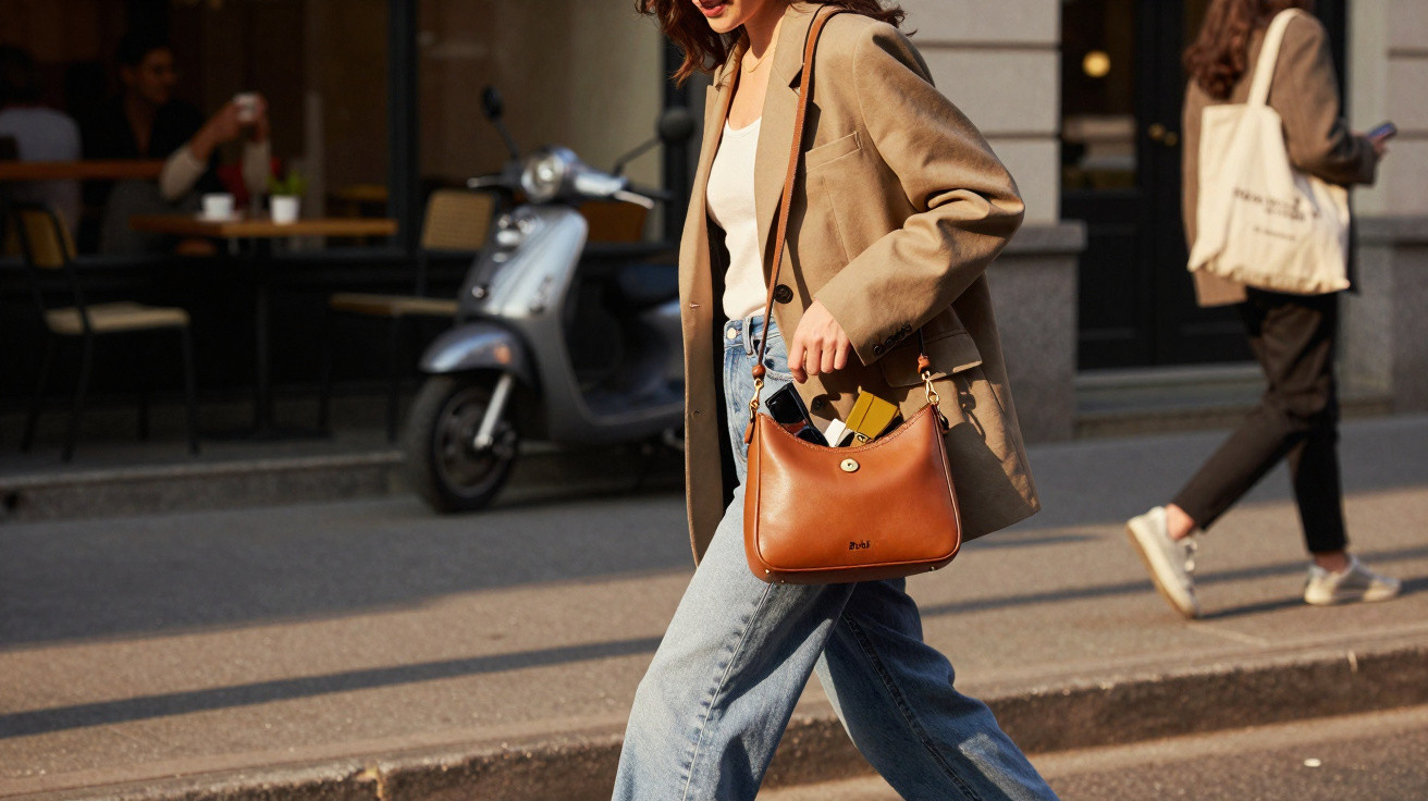 Pessoa a andar na rua com blazer castanho claro, jeans e mala castanha, com scooter e café ao fundo.