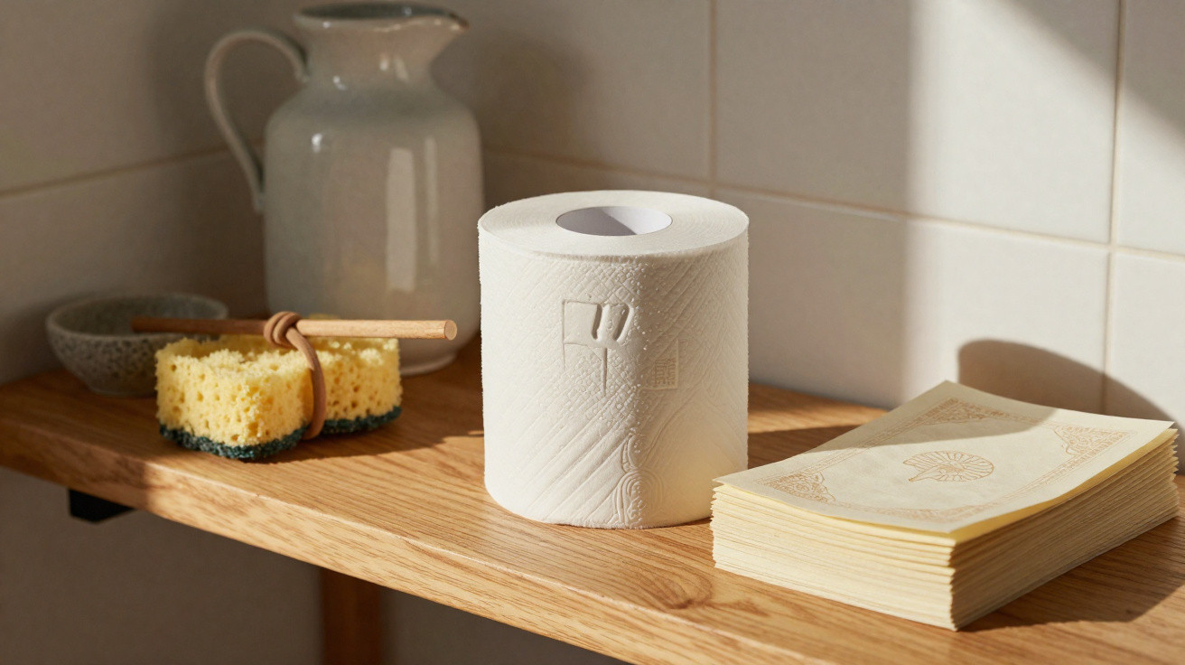 Rolo de papel higiénico, esponjas amarelas, jarro branco e pilha de papel sobre prateleira de madeira.