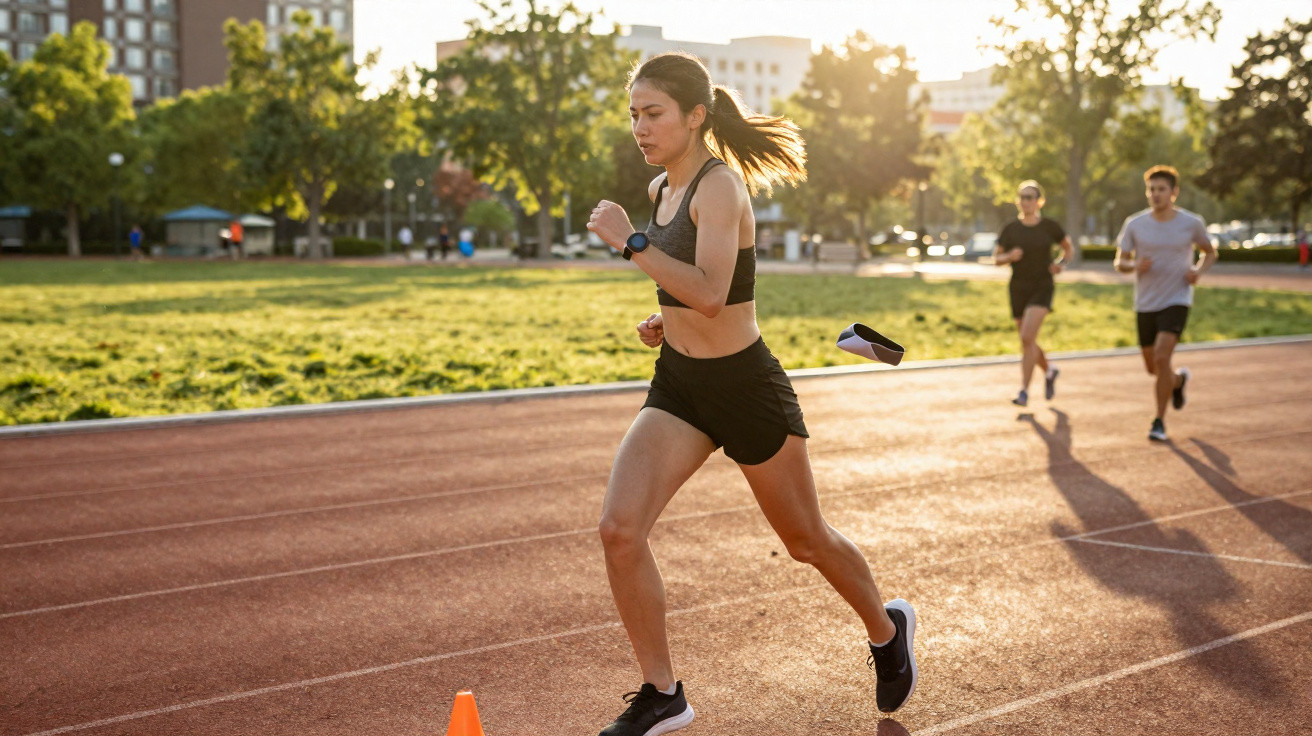 Mulher a correr numa pista ao ar livre ao entardecer, com duas pessoas a correr ao fundo.