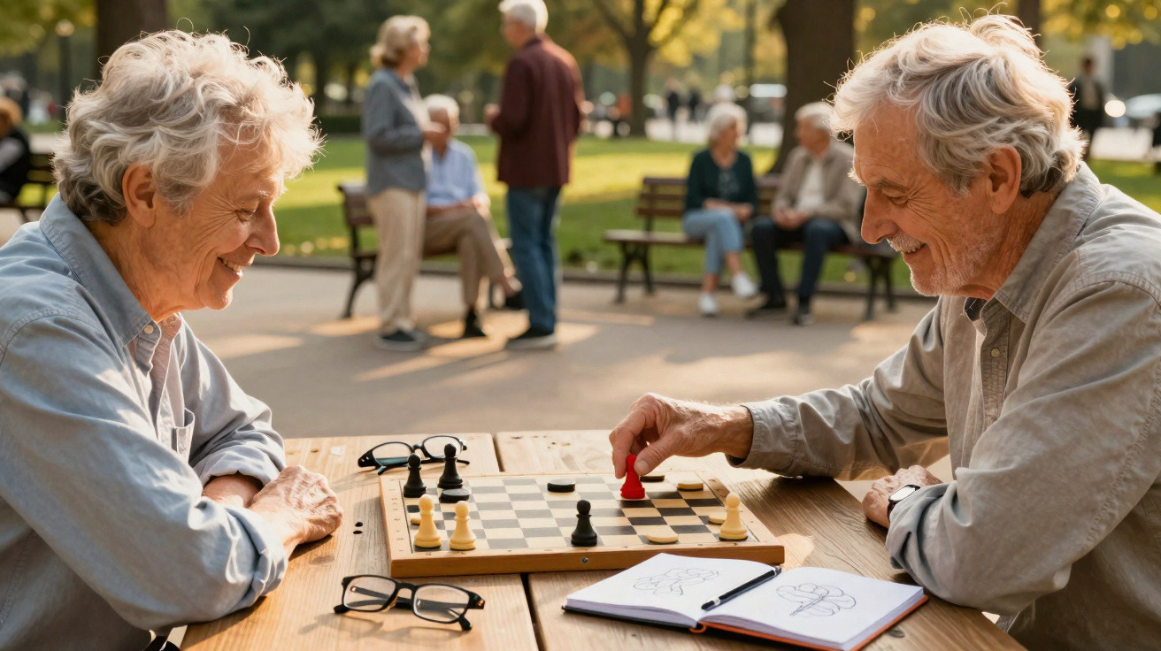 Casal de idosos a jogar xadrez ao ar livre num parque, com outras pessoas sentadas em bancos ao fundo.