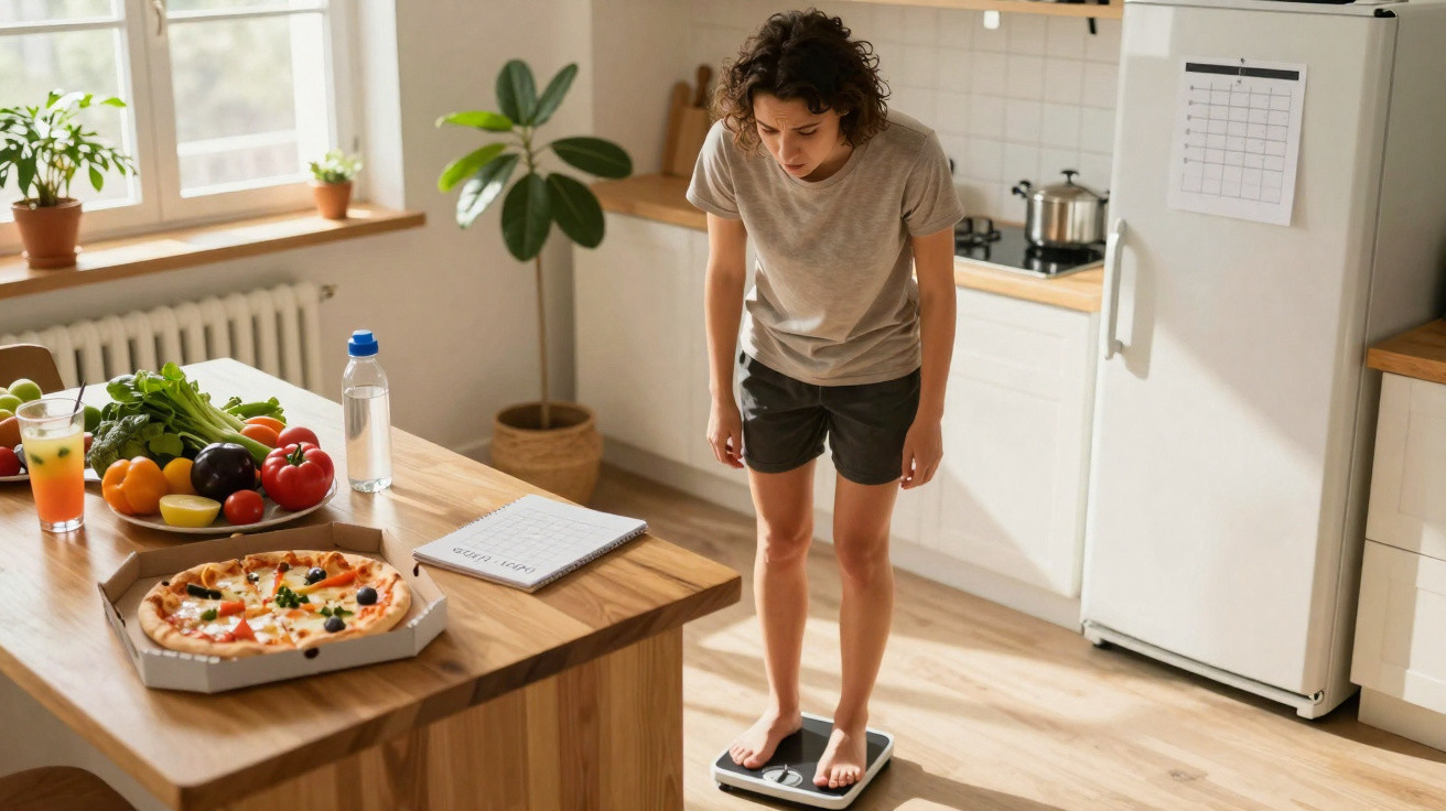 Pessoa a pesar-se numa balança na cozinha com frutas, legumes e pizza sobre a mesa de madeira.
